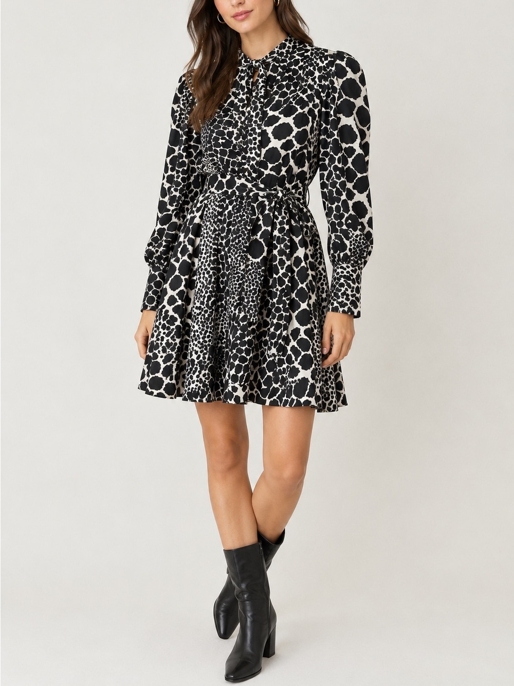 Topshop Black Cream Animal Print Tie Waist Long Sleeve Dress Size 4